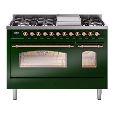 ILVE Nostalgie II Series 48 inch Dual Fuel Range with 8 Sealed Burners, Griddle (Glass Door)