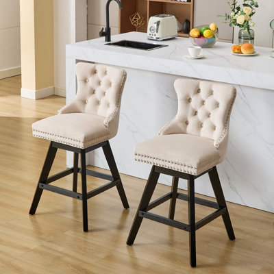 Button With Wooden Legs, Nailhead Trim - Beige Of 2 For Dining Room Swivel Chairs Velvet, Foam Cushion, Legs