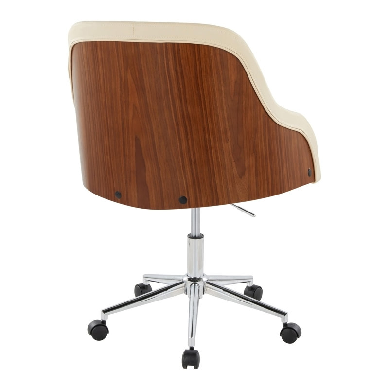 Chaise de bureau en métal chromé, bois de noyer et similicuir crème, Cream,Walnut, Chrome