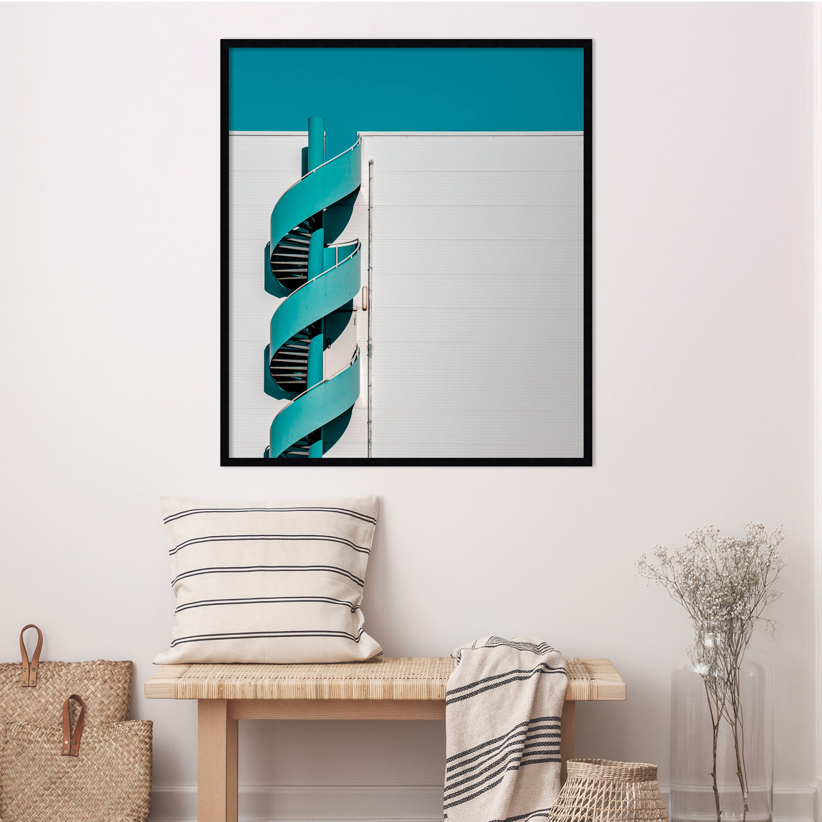 Spiral Staircase Teal Photo Print, Black, 41" H x 36" W x 1" D
