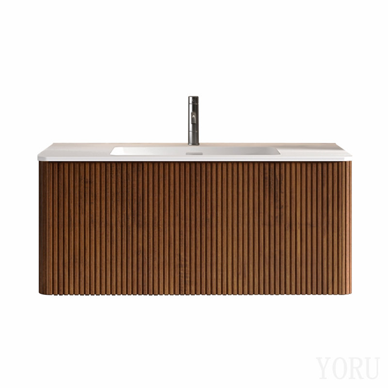 Meuble-lavabo 36 po en noyer rayé avec lavabo à surface solide blanc, meuble-lavabo mural flottant pour salle de bain moderne, pré-assemblé