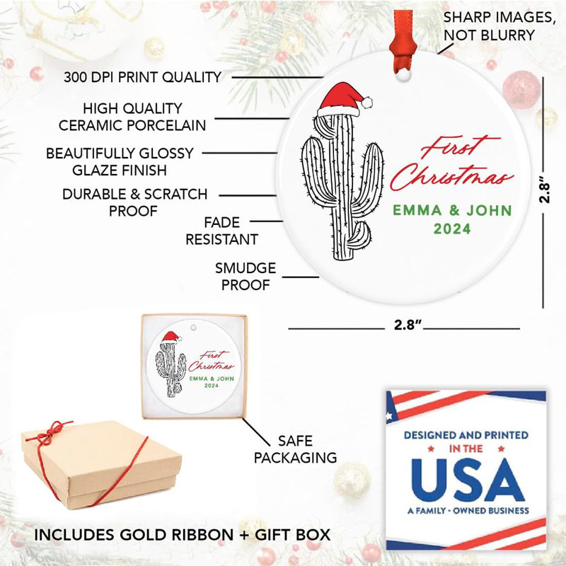 Ornement de Noël personnalisé en forme de cactus en céramique avec chapeau de père Noël, premier cadeau de Noël pour les couples