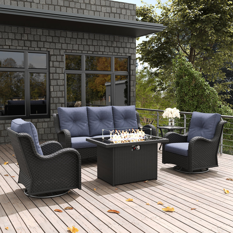  5 Pieces Outdoor Patio Furniture Set With Fire Pit Table, Rattan Wicker Sectional Swivel Rocker Chairs Sets With Swivel Glider Chair And Coffee Table