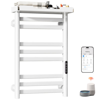 MASO Smart Heated Towel Rack, 160W Wall-Mounted Electric Towel Warmer with Shelf, 8-Bar, Wi-Fi App Control, 1-24H Timer, 115℉-155℉, Low Carbon Steel, IPX5, Plug-in/Hardwired, White