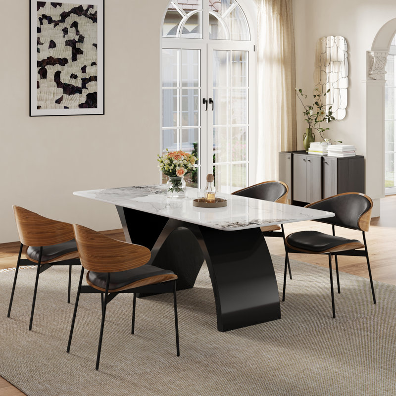 Table de salle à manger rectangulaire moderne 71 po avec plateau en faux marbre, coins arrondis et pieds en acier uniques