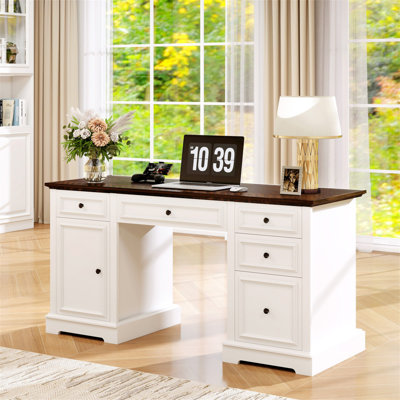 60" Farmhouse Executive Office Desk With Drawers & File Cabinet