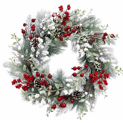 24" Pre-Lit Snowy Christmas Wreath with Pinecones, 20 LED Lights, 8 Lighting Modes, PVC Foliage, Indoor & Outdoor Decor