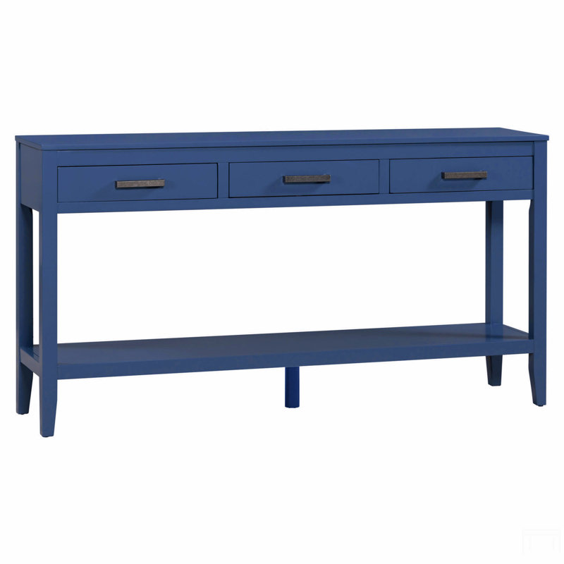 Table de ferme avec 3 tiroirs, console peinte avec tablette inférieure et poignées en fer, table de canapé minimaliste, Bleu
