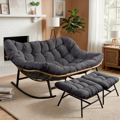 Oversized Cushioned Double Papasan Rocking Chair With 2 Ottomans And Thick Cushion