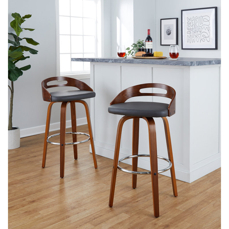 Stoughton Swivel Upholstered Counter Stool, Walnut/Chrome, Gray, Bar Stool (30" Seat Height)