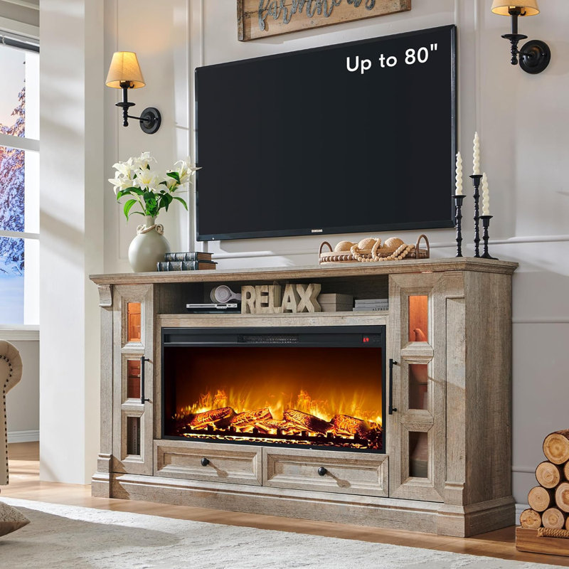 Farmhouse Tv Stand With Electric Fireplace, Light Rustic Oak