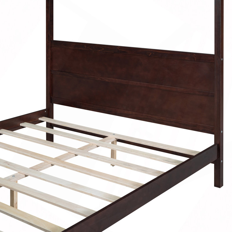 Lit plateforme à baldaquin avec tête et pied de lit, pieds de support à lattes, Espresso