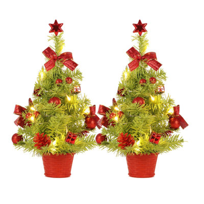 Ensemble de 2 mini arbres de Noël de table pré-éclairés de 17,7 pouces, ensemble de couleurs assorties, petits arbres de Noël à piles avec ornements et décoration d'étoile pour bureau