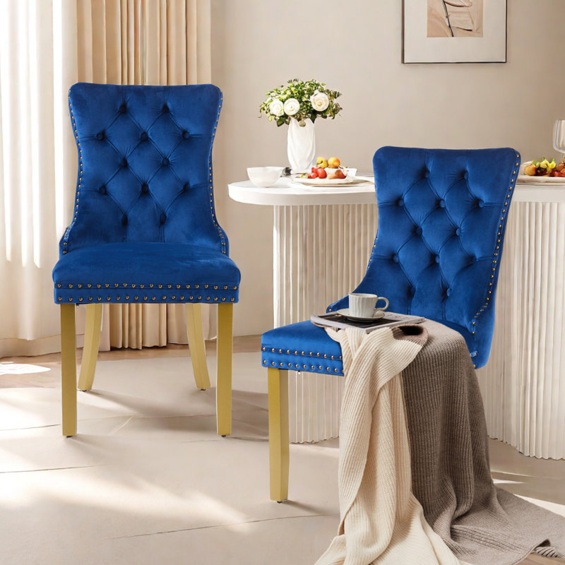 Velvet Upholstered Dining Chair with Wood Legs, 2, Gold, Blue
