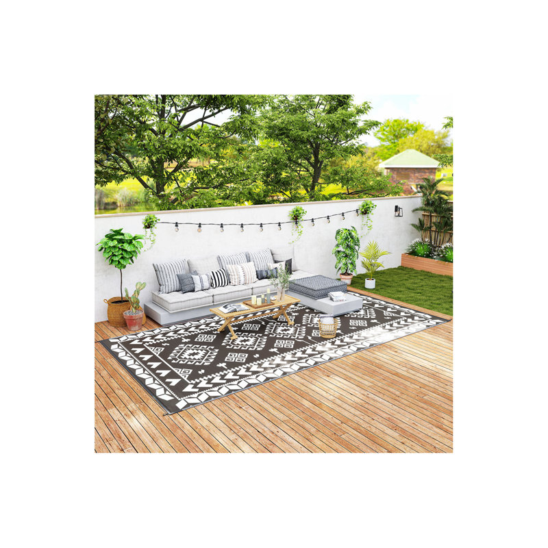 Outsunny Outdoor Patio Rug, Large Camping Carpet With Carrying Bag, 9' X 18' Waterproof Plastic Straw, Reversible, Black & White Rhombus Patchwork