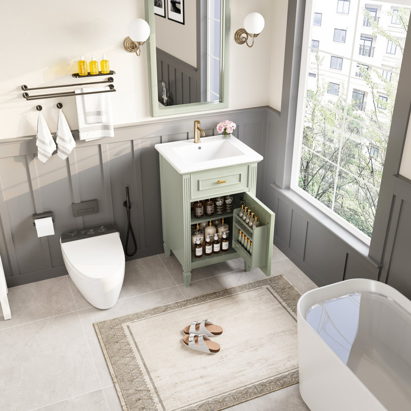 Meuble-lavabo de 20 pouces avec lavabo, structure en bois d'hévéa massif, conception dorée et peu encombrante pour tablette compacte pour salle de bain d'invités, poignées en alliage de zinc, avec baignoire urbaine