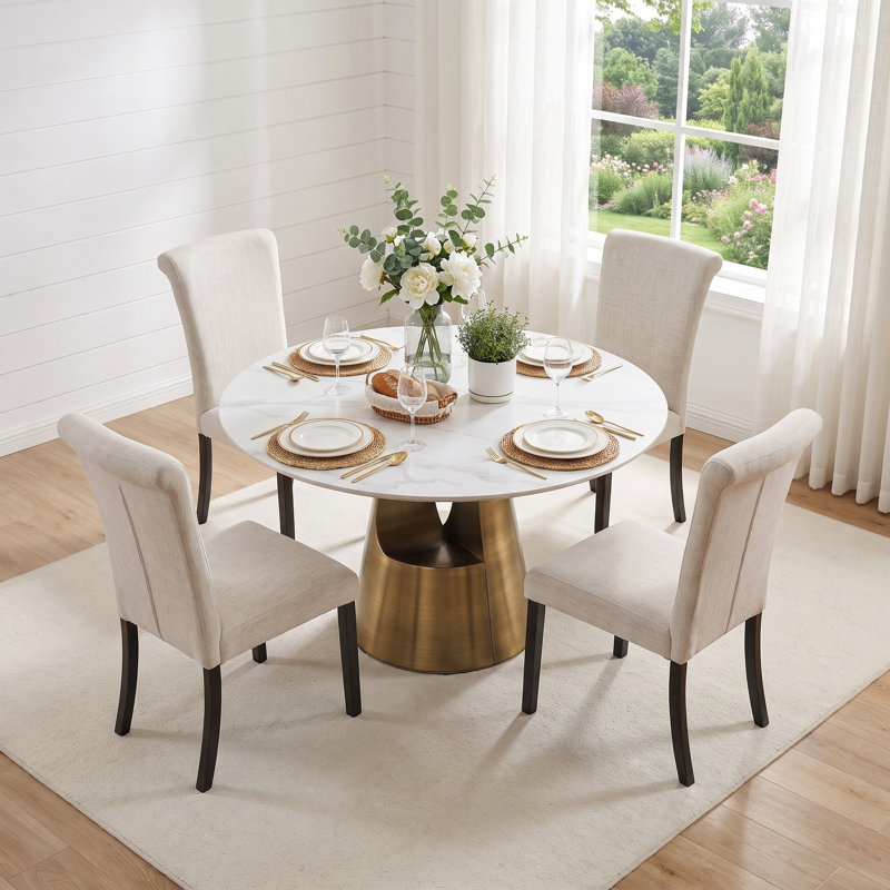 Ensemble de table de salle à manger ronde de 47 pouces avec 4 chaises rembourrées blanches à dossier haut, Table repas