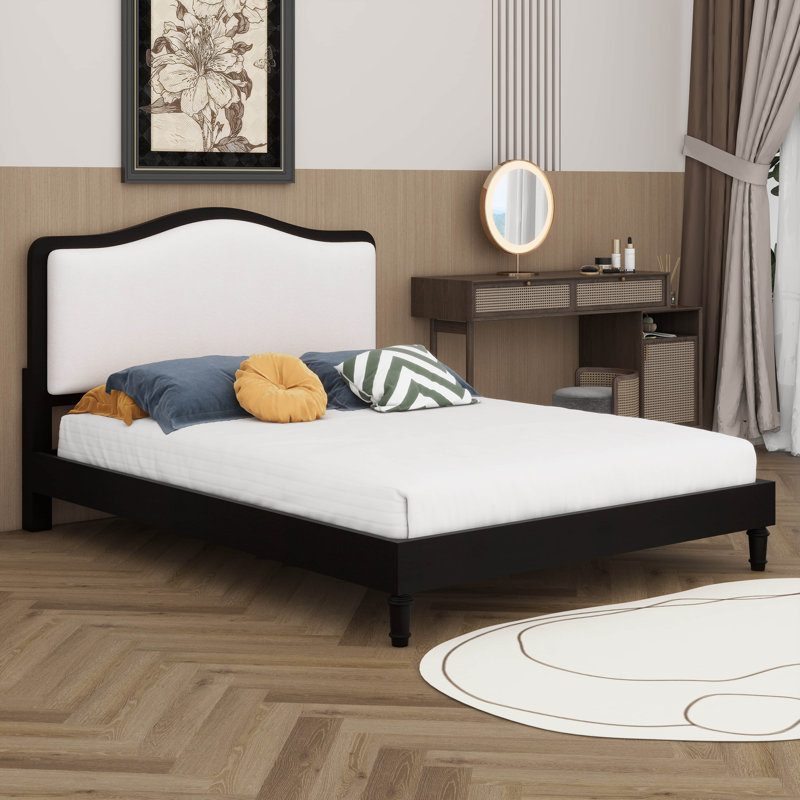 Base de lit grand format, plateforme à oreilles tapissée avec tête de lit, Noir