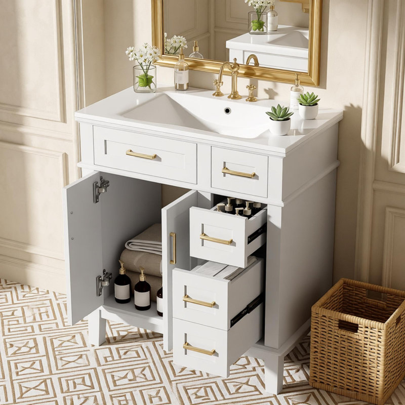 30" Bathroom Vanity With Ceramic Sink, Modern Storage Cabinet With Soft-close Doors, White
