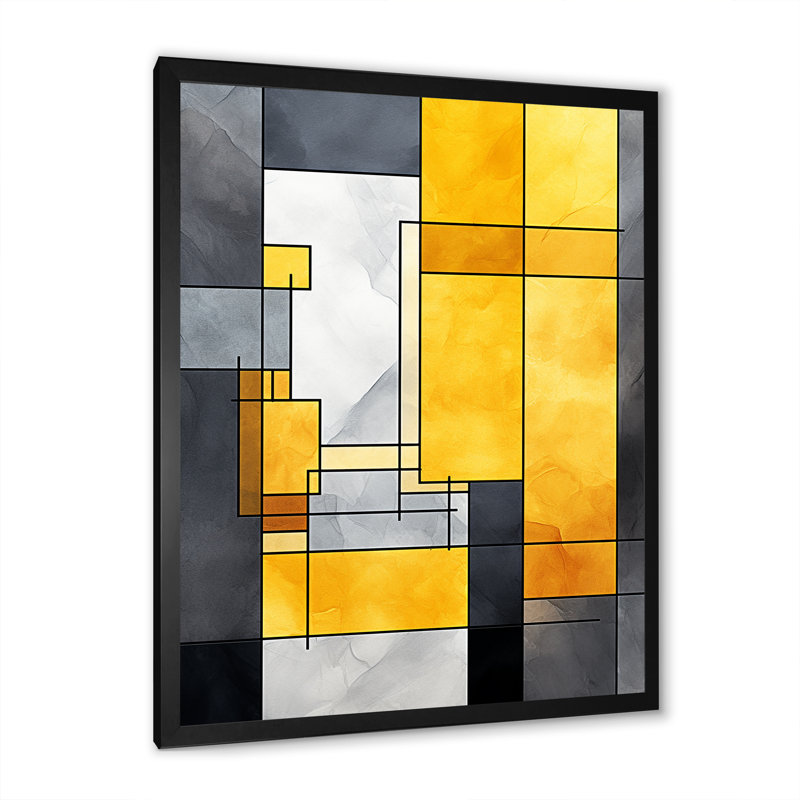 Fusion géométrique jaune et gris 3, Cadre simple noir, H 32 po x l 24 po x P 1 po