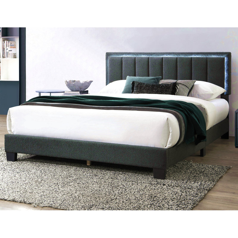 Lit 1pc grand lit en tissu de laine gris anthracite capitonné avec cadre de lit à DEL