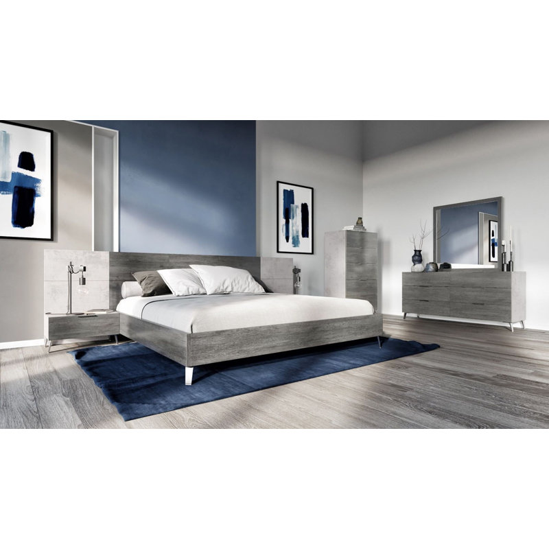 Ensemble de chambre à coucher 4 pièces en imitation béton moderne et gris, Grand