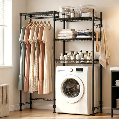 Over Washer and Dryer Shelves,  4 Tier Laundry Room Clothes Drying Rack Wire Basket & Rotating Side Hook, Heavy Duty Laundry Drying Rack, Space Saving and Adjustable Shelves, Black