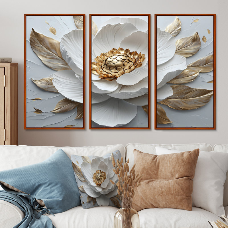 Pivoine blanche et dorée - ensemble d'art mural pivoine, Toile avec cadre flottant brun, H 28 po x l 36 po x P 1 po