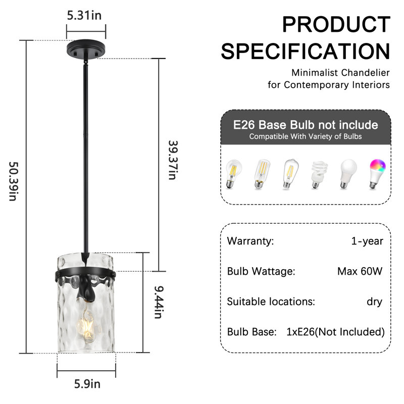 Levona 1 - Light 5.9" Kitchen Island Pendant with Clear Hammered Glass Shade, Black