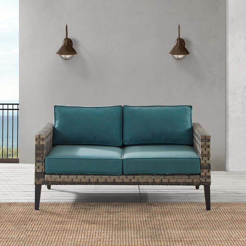 Causeuse d'extérieur en osier avec coussins de 56,5 po Clancie, Bleu