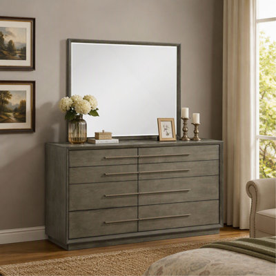 Commode à 8 tiroirs en chêne taupe avec miroir pour chambre et rangement pour la maison