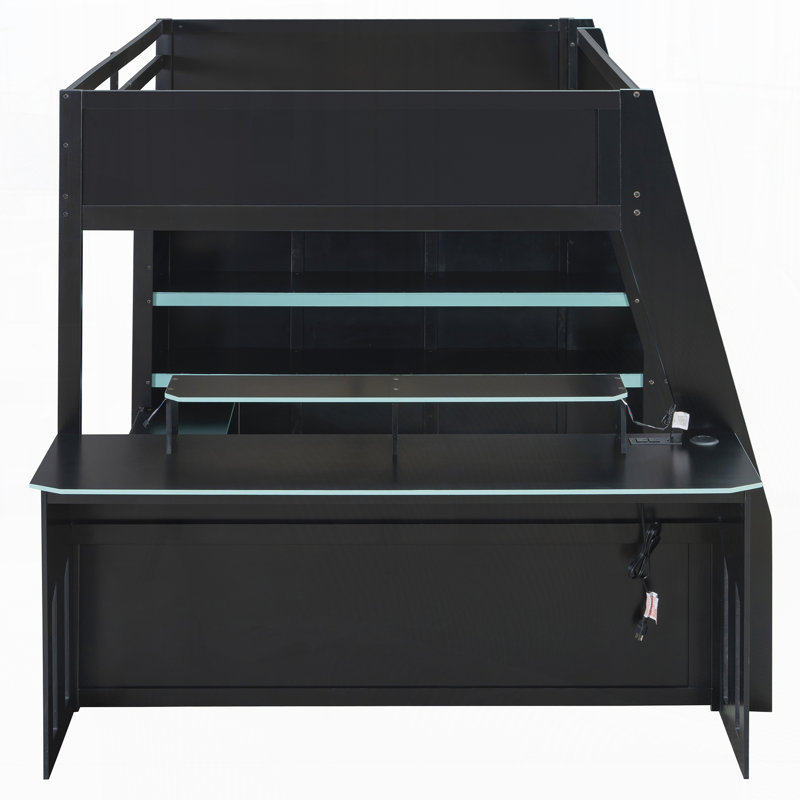 Wood Loft Bed With Desk, Multi-Storage Shelves And RGB Light, Table With Adjustable Placement, Blue