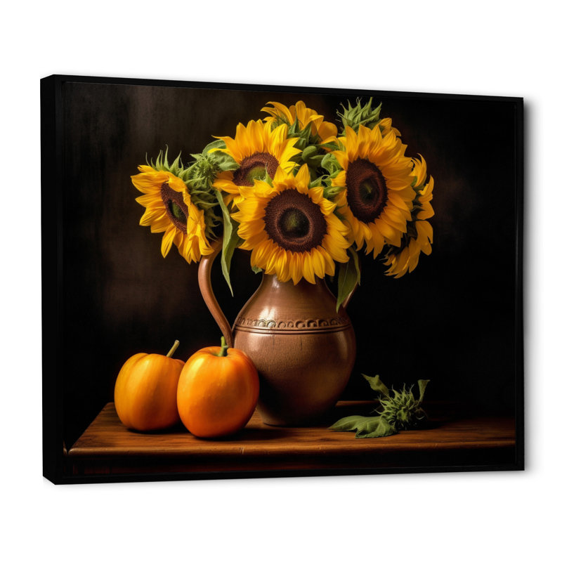Tournesol doré nature morte II, H 30 po x l 40 po x P 1,5 po, Cadre flottant noir