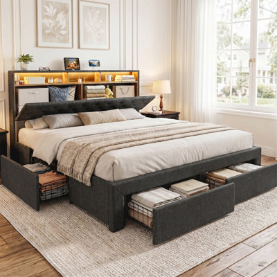 California King Bed Frames With 4 Drawers & Hidden Storage Headboard, Upholstered Cal King Platform Bed With Led Lights And Charging Station, No Box Spring Needed, Noise Free, Dark Grey