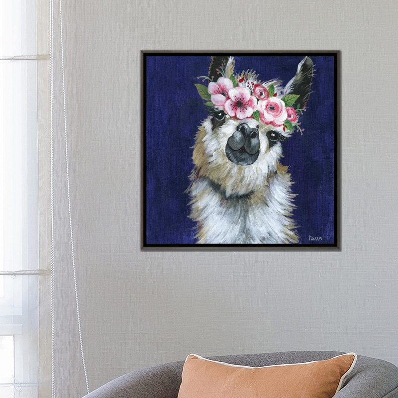 Lady Llama - reproduction d'art, H 26 po x l 26 po x P 1,5 po, Aucun mat, Toile encadrée de bois rustique foncé