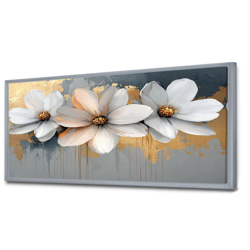 Golden Chrysanthemums Pure Form II - Chrysanthemums, art mural, H 28 po x l 60 po, Cadre flottant, Argent argent