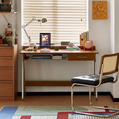 Bureau rectangulaire en bois massif brun + argenté + acier inoxydable avec 1 tiroir