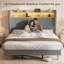 Structure de lit double avec tête de lit à oreilles en velours côtelé de 51 po de hauteur et tablette de rangement, lit plateforme tapissier avec lumières DEL et station de charge, aucun sommier requis, assemblage facile, gris-129953407-129953401