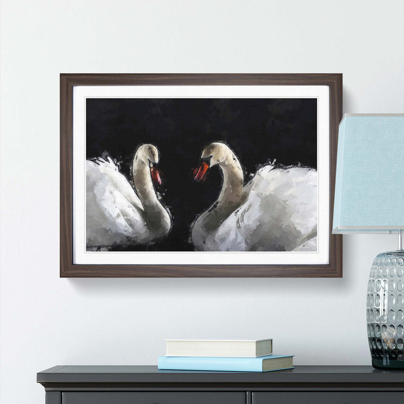 A Pair of White Swans in Abstract - Picture Frame Painting Print, 62cm H x 87cm W x 2cm D, Walnut Framed