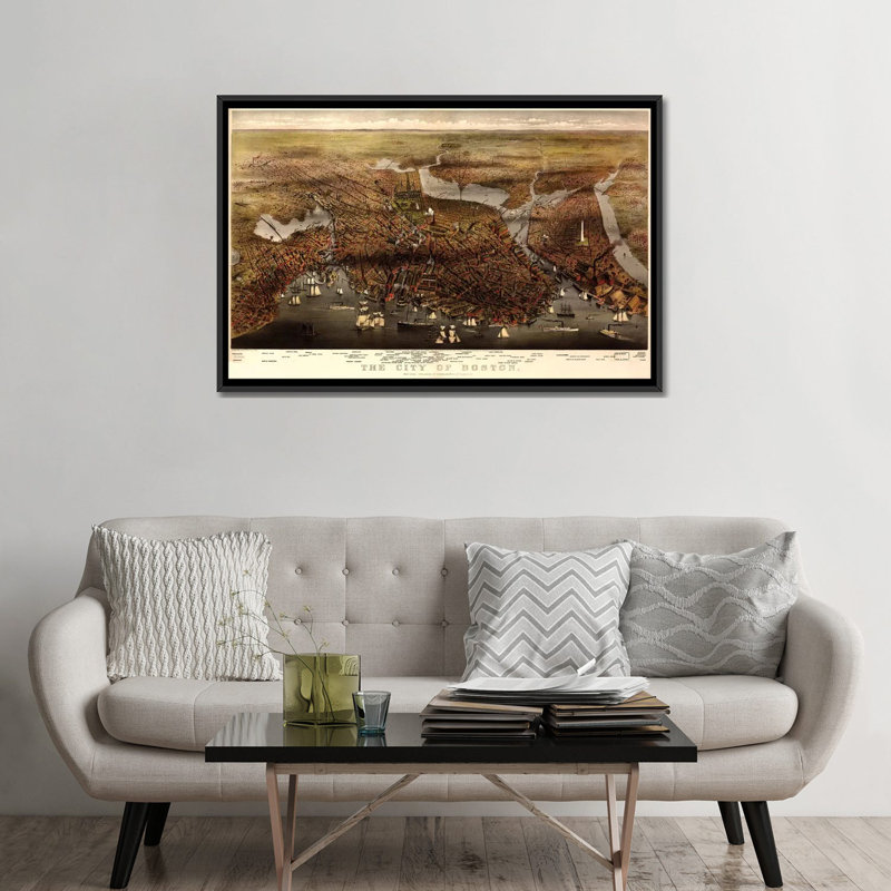 « boston map, 1873 », impression sur toile, H 18 po x l 26 po x P 1,5 po, Toile avec cadre noir, Pas de tapis