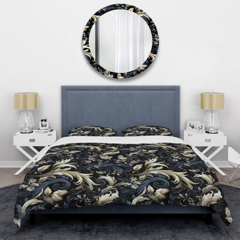 Literie damassée noire et grise, Housse de couette simple + 1 taie décorative stan