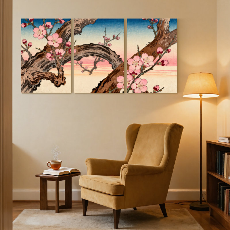Ensemble de 3 impressions sur toile Cherry Blossom Branches Sunset Sky Reflection, H 30 po x l 60 po