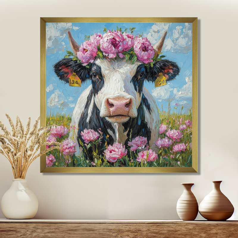 Vache, peinture avec pivoines III - Vache grande, art mural, H 30 po x l 30 po, Reproduction encadrée d'une seule photo, Doré