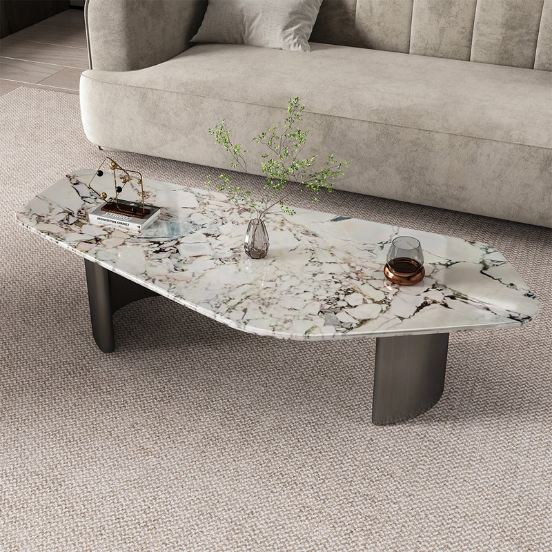 Unique-shaped minimalist marble coffee table, 15.7" H x 47.2" L x 23.6" W