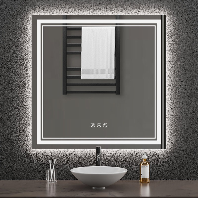Miroir de salle de bain anti-buée à DEL 3 couleurs à intensité variable avec éclairage arrière et avant, 36 po x 36 po