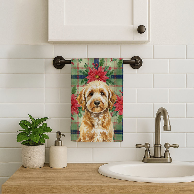 Goldendoodle Christmas PoinsettIas Kitchen Towel, Goldendoodle