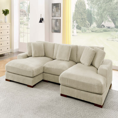 Large Seating Corduroy Upholstered Double Chaise Sectional for Comfort and Modern Living with Adjustable Lumbar Support.