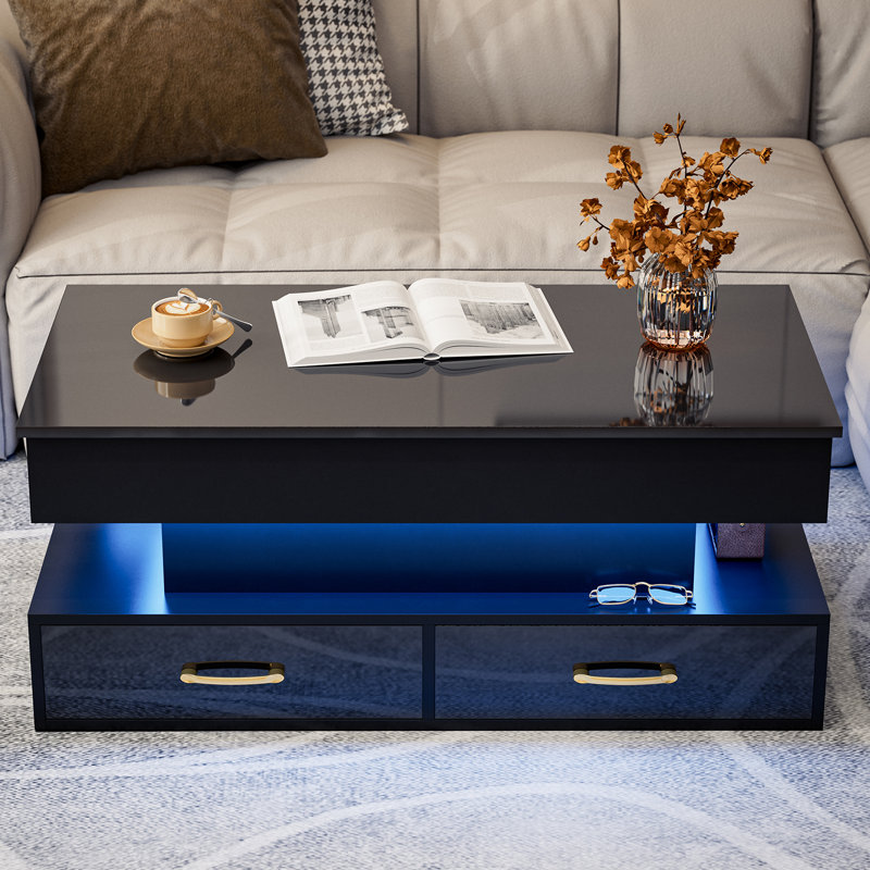 Table basse moderne à plateau relevable ultrabrillant avec lumières DEL 16 couleurs, plateau relevable à 2 tiroirs et compartiment caché pour le salon