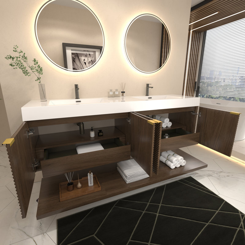 Moreno Stella Wall Mounted Vanity Set With Doors And Inside Drawer, Chestnut Brown