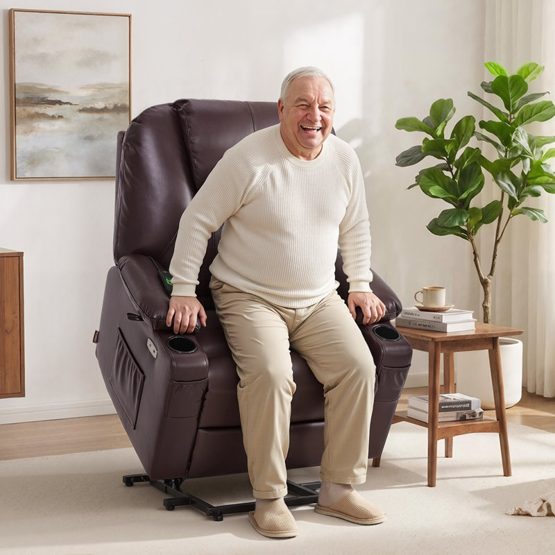 25.2" Seat Width Power Recliner Lift Chair with Vibration and Heat, Breathable Faux Leather, Brown